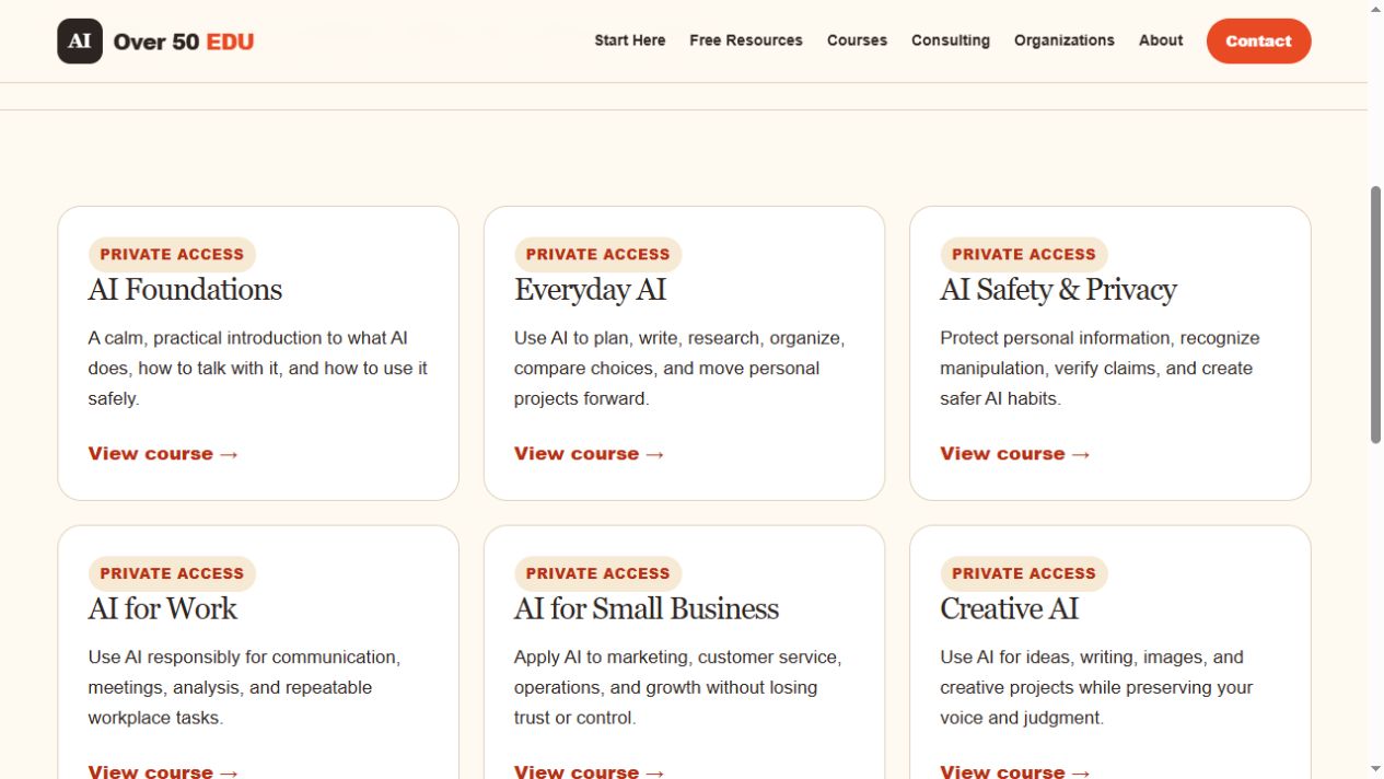 Public six-course catalog showing invitation-based access and practical course descriptions