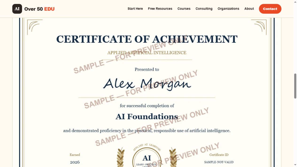 Public certificate sample with repeated SAMPLE — FOR PREVIEW ONLY watermarks; not a valid certificate